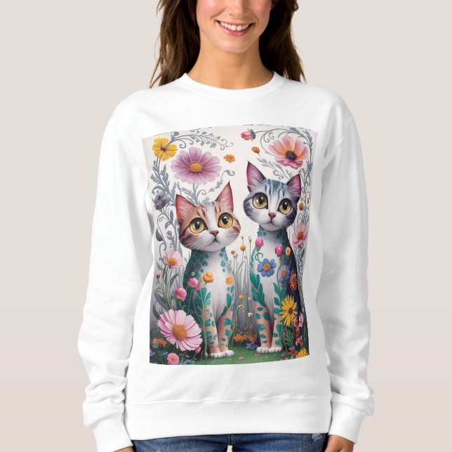 Cute chat sweatshirt design de fleur (Devant)