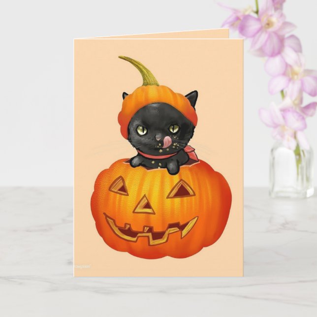 Cute chaton noir sur la carte Citrouille d'Hallowe (Orchidée)