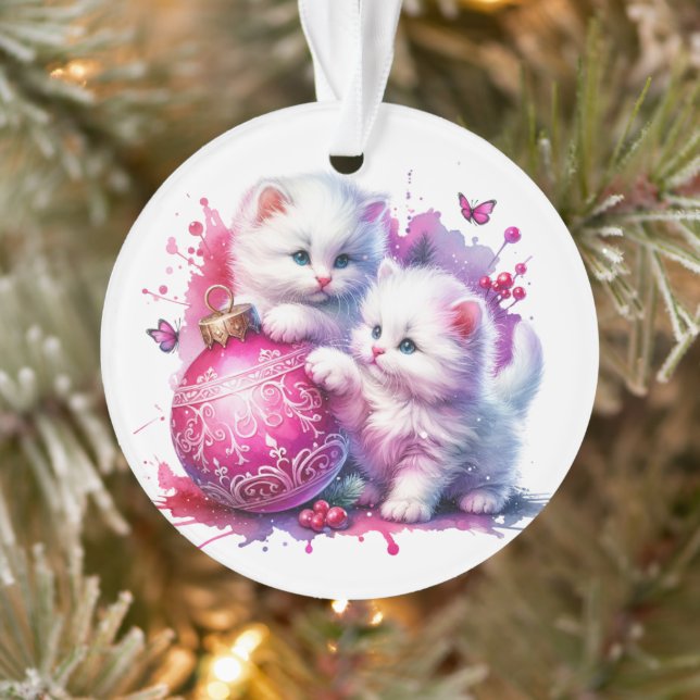 Cute chatons blancs Jouer avec Noël rose (Arbre)