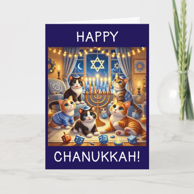 Cute chatons jouant dreidels carte Chanukah (Devant)