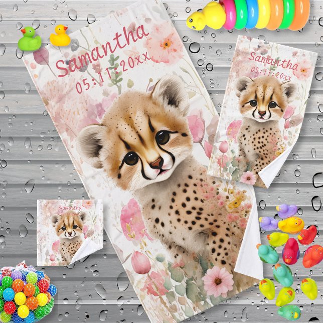 Cute Cheetah Cub Pastel Aquarelle Fleurs Enfants (Créateur téléchargé)