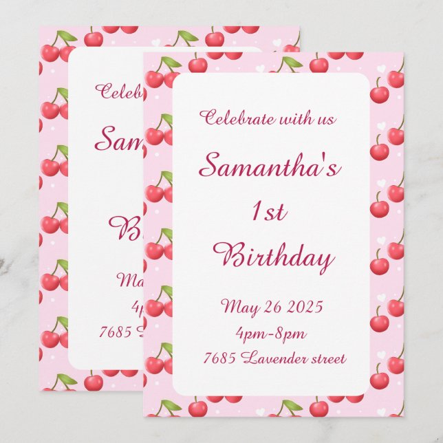 Cute Cherry 1er Anniversaire Fête Invitation (Devant / Derrière)