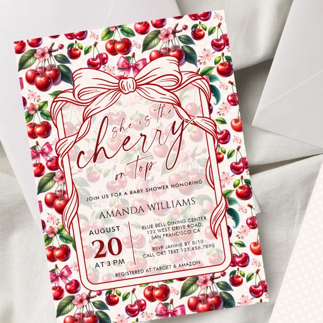 Cute Cherry Bow Themed Baby Shower Invitation (Créateur téléchargé)