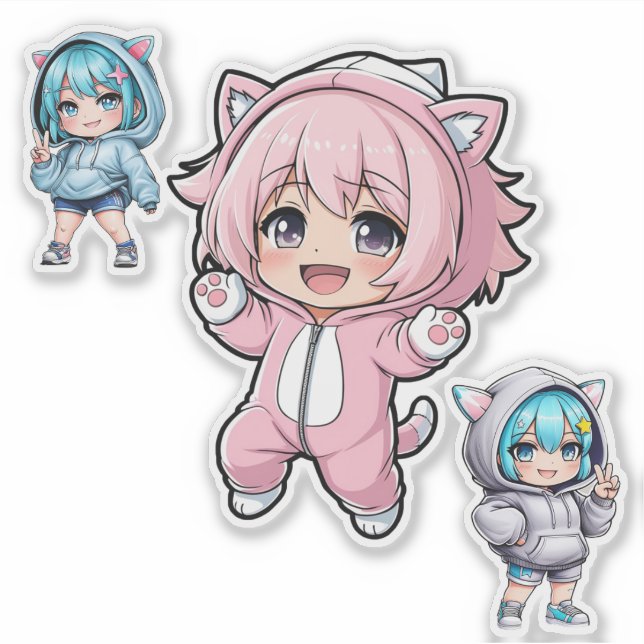 Cute Chibi Anime Cat Hoodie Girl Vinyl Sticker (Devant)