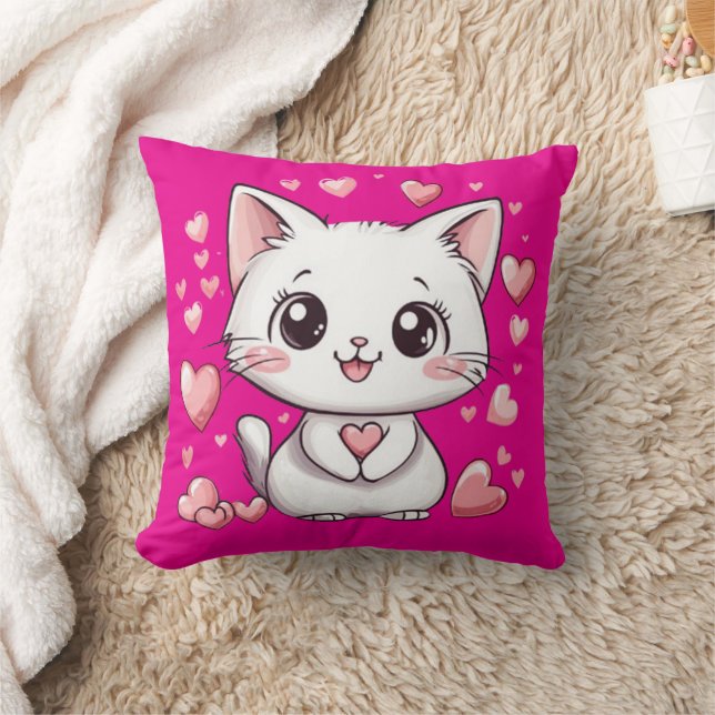 Cute Chibi Chat Coussin rose avec Coeurs Kawaii (Couverture)