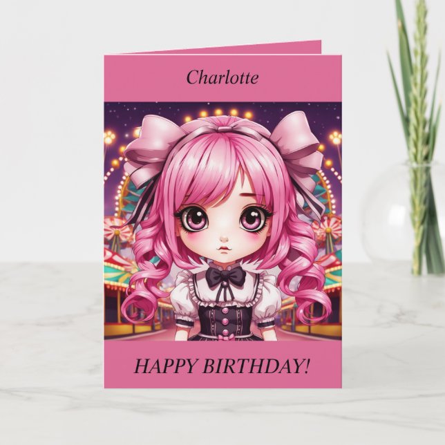 Cute Chibi Fille cheveux roses Carte Anniversaire (Devant)