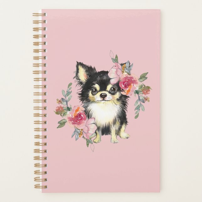 Cute Chihuahua Chiot et fleurs Aquarelle Art (Devant)