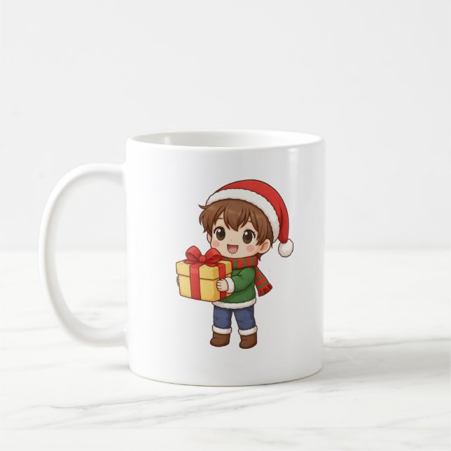 Cute Christmas Boy Holding Gift Mug (Gauche)