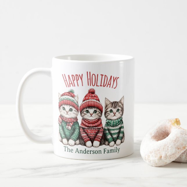 Cute Christmas Cat Mug | Custom Family Name (Avec donut)