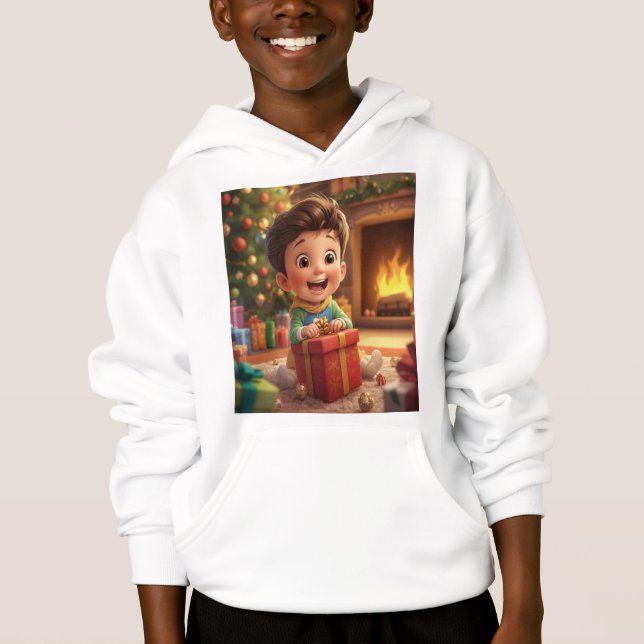 Cute Christmas Gift Opening Cartoon Kid Hoodie – H (Devant)