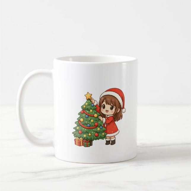 Cute Christmas Girl Decorating Tree Mug (Gauche)