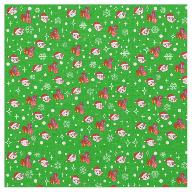 Cute Christmas Kitty Green Vacances Tissu (Fermer)