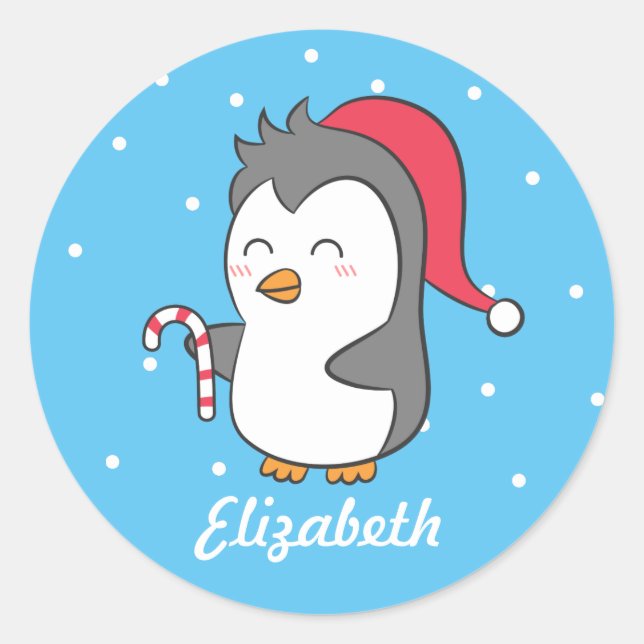 Cute Christmas Penguin Candy Cane Name Stickers (Devant)