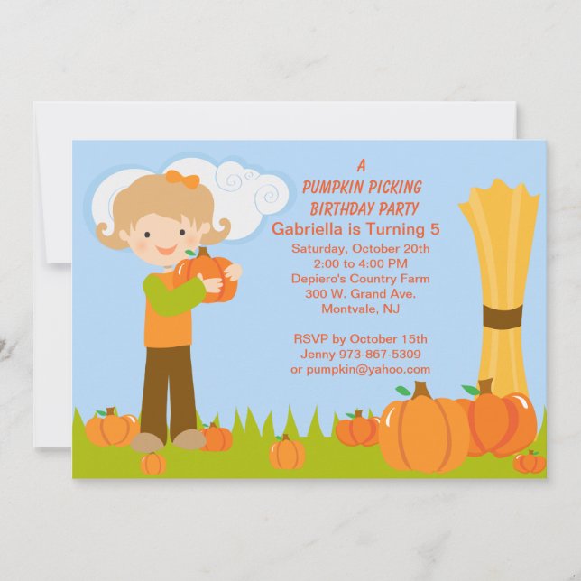 Cute Citrouille cueillette Invitation de fête d'an (Devant)