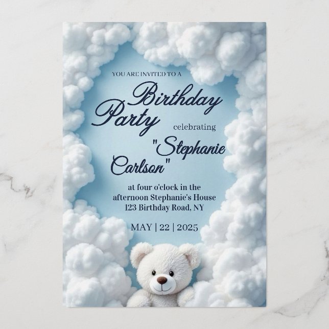 Cute Cloud & Teddy Bear Birthday Invitation (Recto)