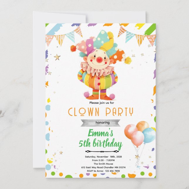 Cute clown birthday party invitation (Devant)