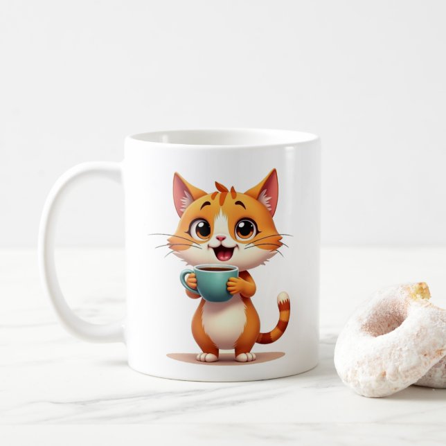 Cute Coffee Cat Mug – Double-Sided Cartoon Design  (Avec donut)