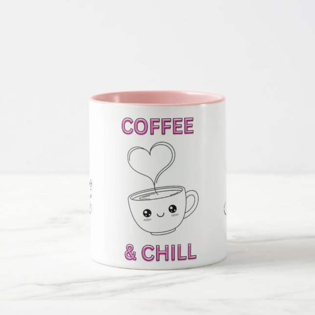 Cute "Coffee & Chill" Kawaii Mug – Coffee Lover GF (Centre)