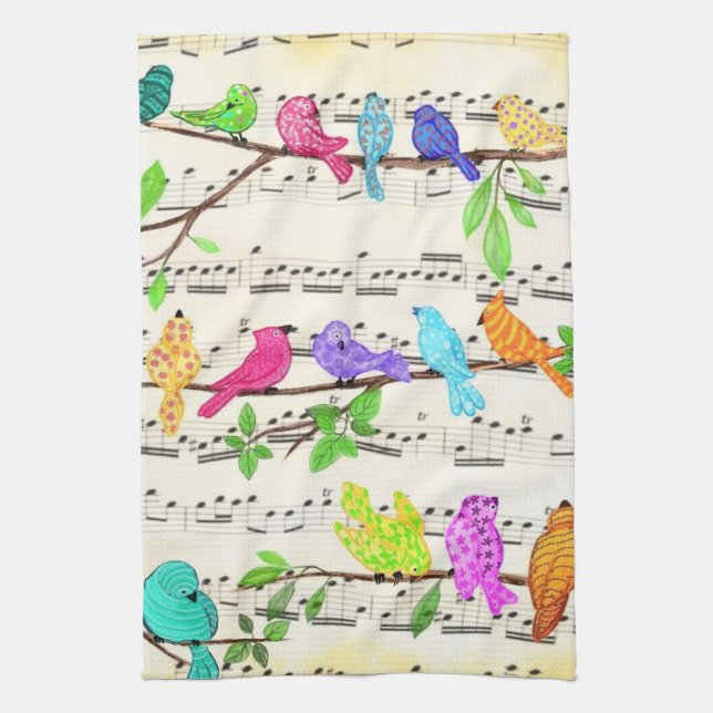 Cute Colorful Musical Birds Serviette de cuisine (Vertical)