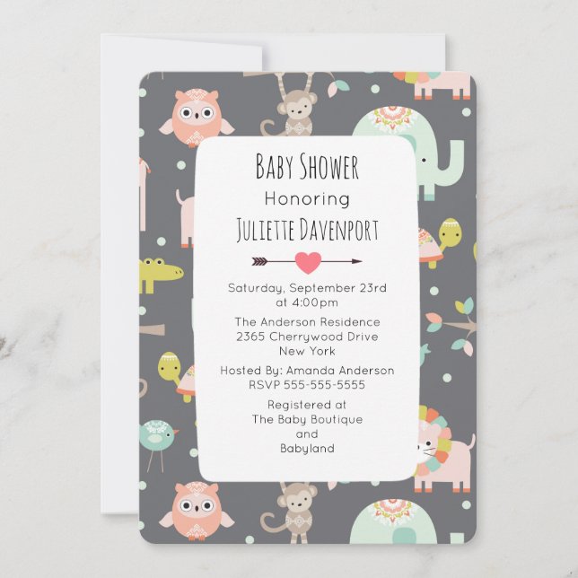 Cute Colorful Wild Animals Baby shower Invitation (Devant)