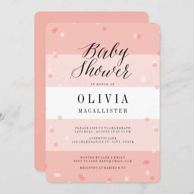 Cute Confetti Pink Stripes fille Invitation Baby s (Devant / Derrière)
