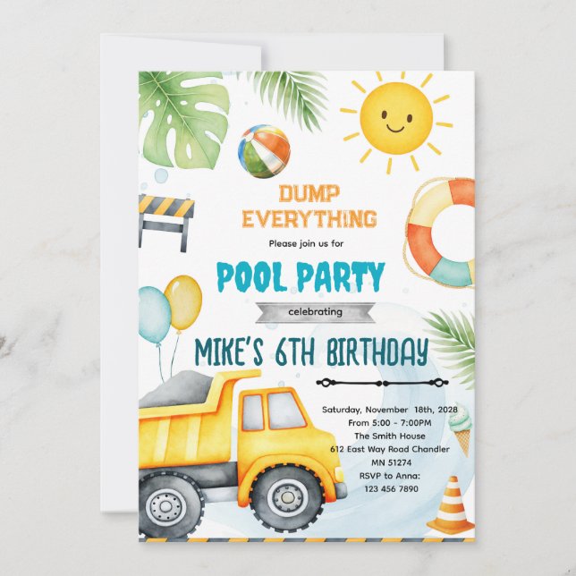 Cute construction pool theme invitation (Devant)