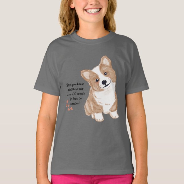 Cute Corgi Puppy Love Kids Graphic Gray T-Shirt (Devant)
