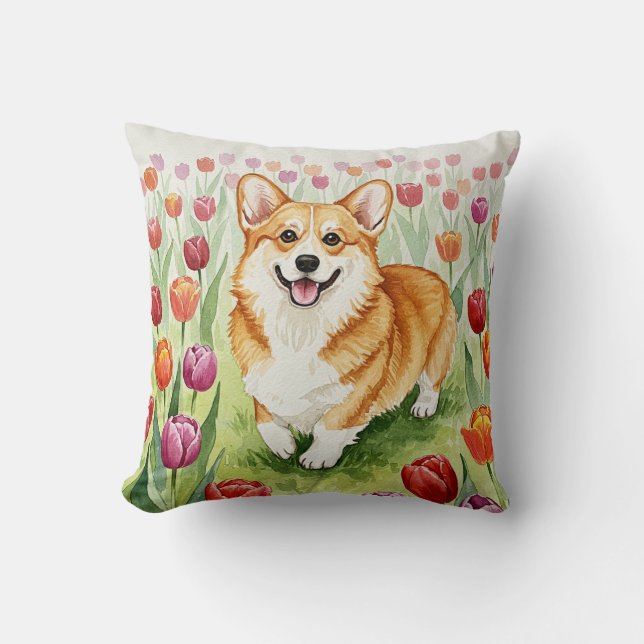 Cute Corgi Tulips Coussin de printemps (Recto)