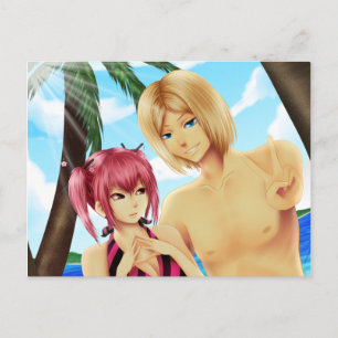 Cute couple anime sur carte postale de vacances