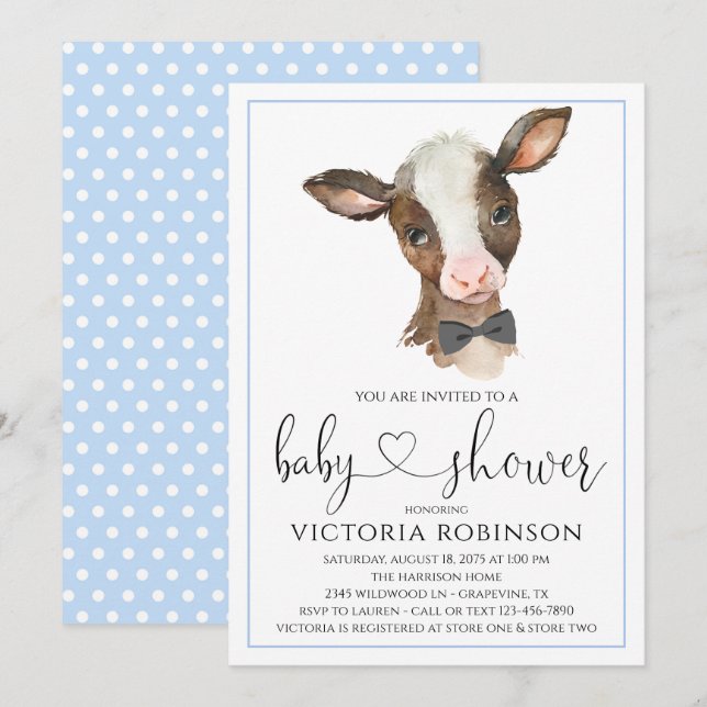Cute Cow Boy Farm Baby Shower Invitations (Devant / Derrière)