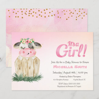 Cute Cow Floral Rose Gold Invitation