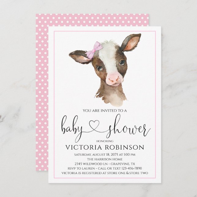 Cute Cow Girl Farm Baby Shower Invitations (Devant / Derrière)