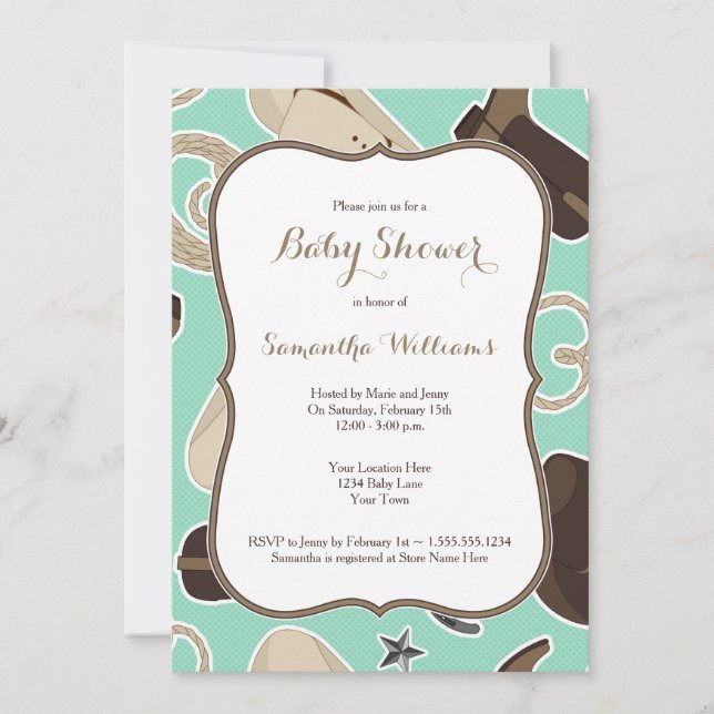Cute Cowboy Theme Baby shower Invitation Mint Brow (Devant)