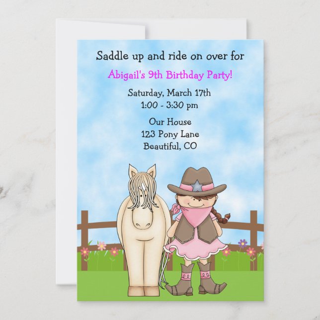 Cute Cowgirl and Horse Invitation d'anniversaire (Devant)