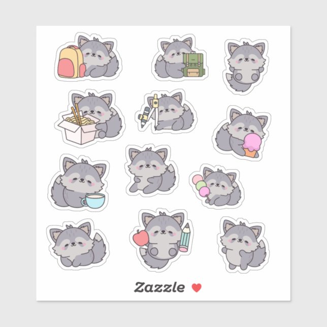 Cute Cozy School Happy Wolf Chibi Sticker Set Pack (Feuille)