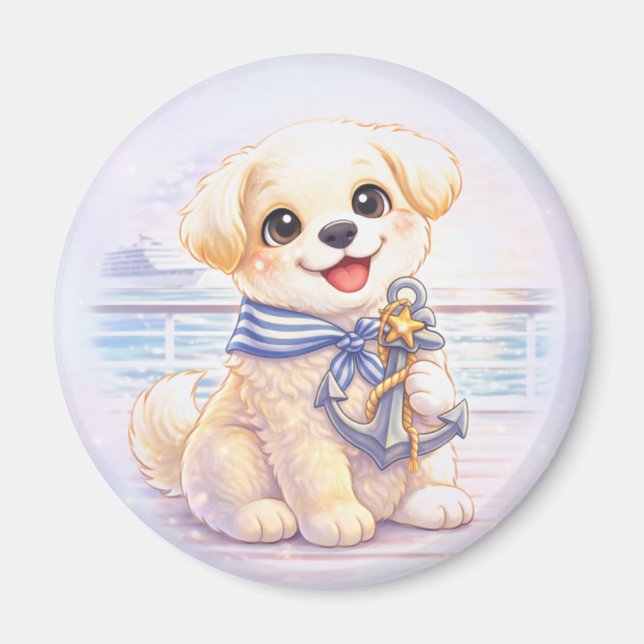 Cute Cruise Puppy Anchor Round Magnet (Devant)