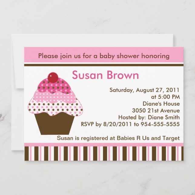 Cute Cupcake rose et Baby shower Brown Invitation (Devant)