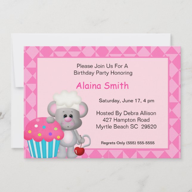Cute Cupcake Souris Invitation Anniversaire (Devant)