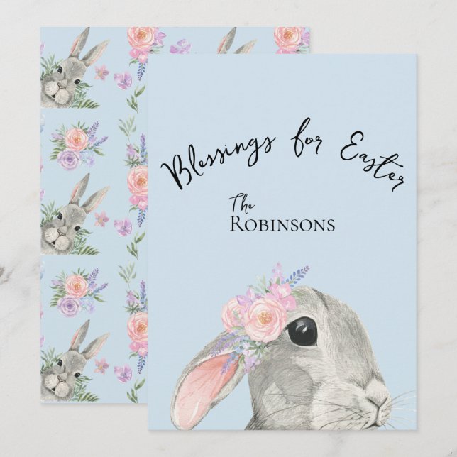 Cute Curieux lapin gris rose Fleurs Bleu Pâques (Devant / Derrière)