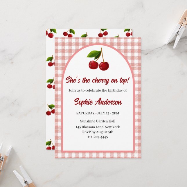 Cute Custom Coquette Cherry invitation anniversair (Devant/Arrière en situation)