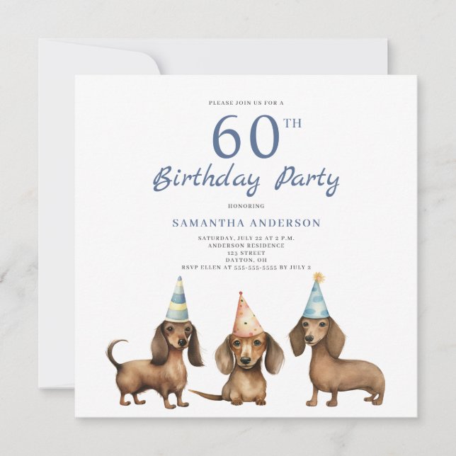 Cute Dachshund Chien 60e anniversaire de fête Invi (Devant)
