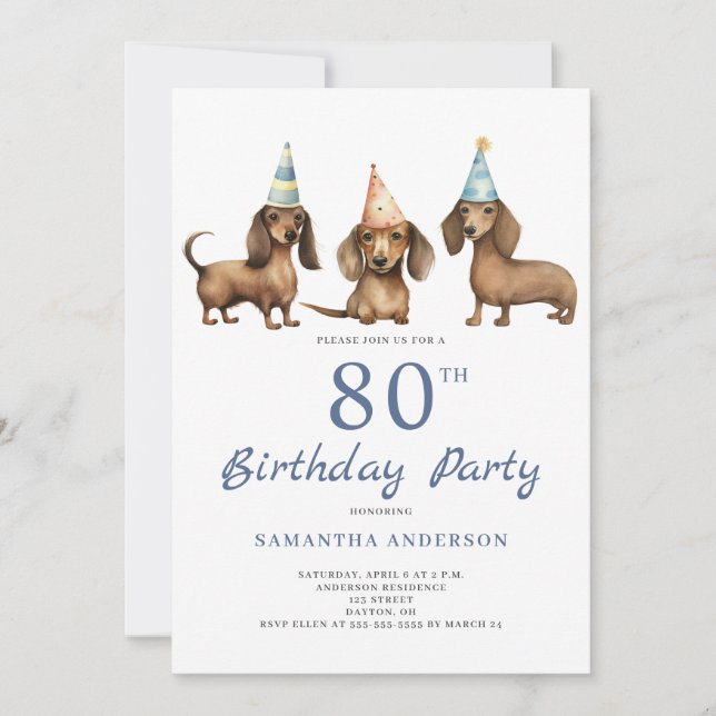 Cute Dachshund Dog 80th Birthday Party  Invitation (Devant)