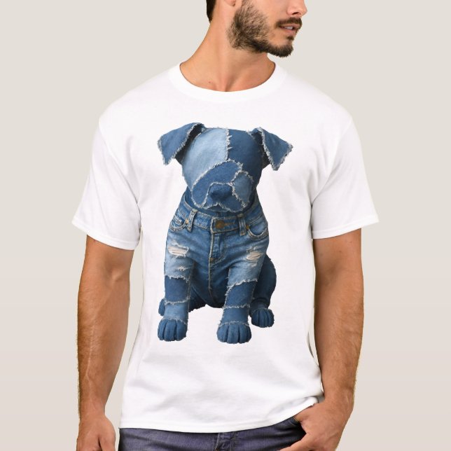 Cute Denim Patchwork Art Dog T-Shirt (Devant)