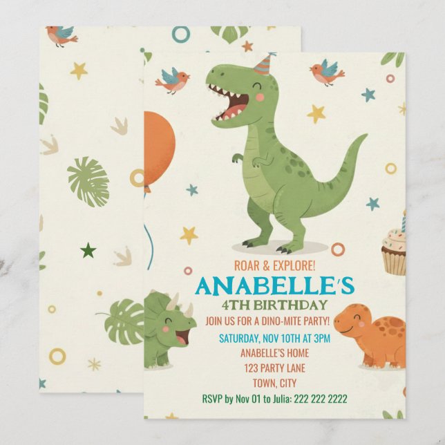 Cute Dino Birthday Party Invitation (Devant / Derrière)