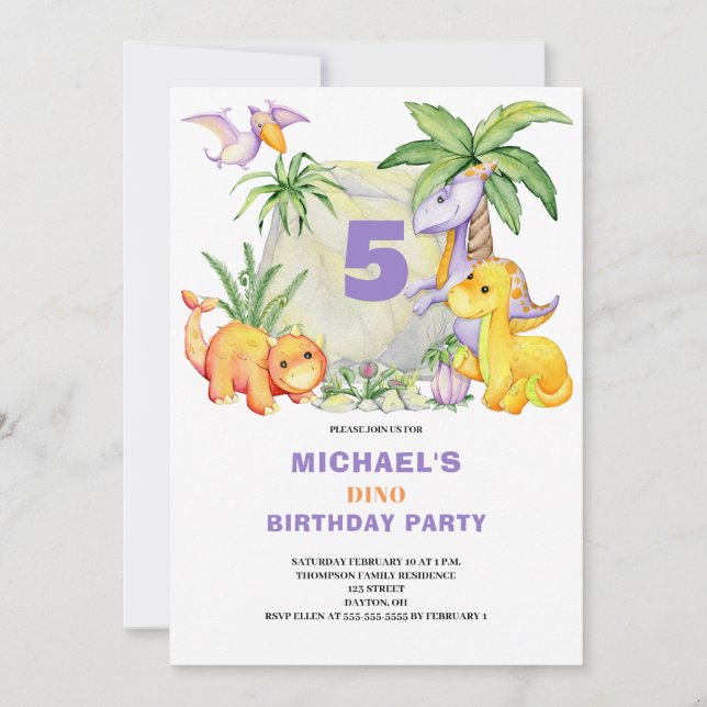 Cute Dinosaur 5ème anniversaire Invitation (Devant)
