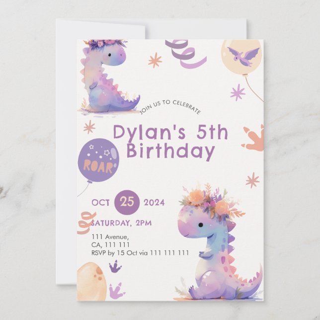 Cute Dinosaur Anniversaire Invitation Fille Whimic (Devant)