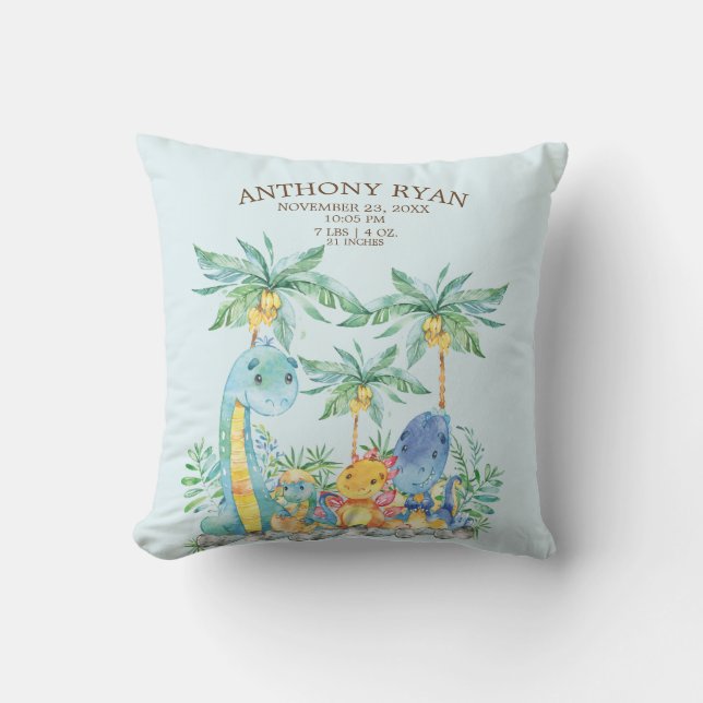 Cute Dinosaur Baby Boys Birth Stats Coussin (Recto)