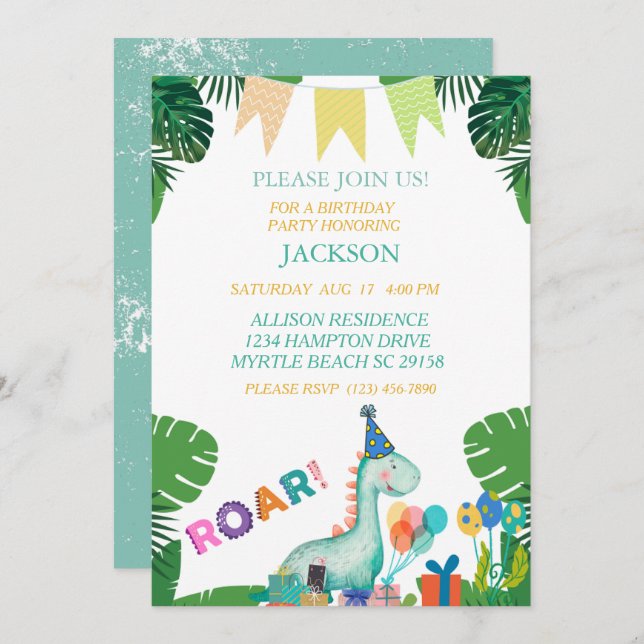 Cute Dinosaur Boys Anniversaire Fête Invitation (Devant / Derrière)
