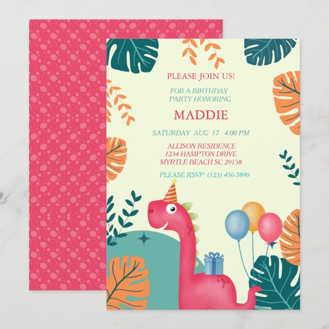 Cute Dinosaur Filles Anniversaire Invitation (Devant / Derrière)