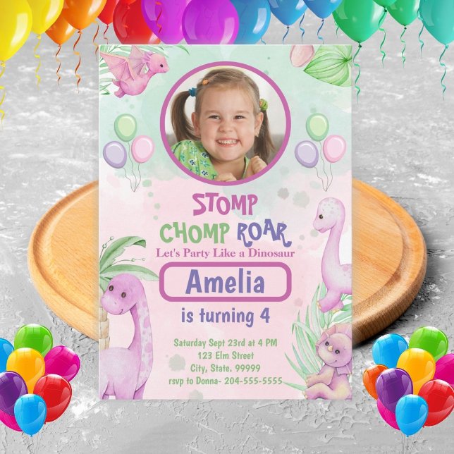Cute Dinosaur Girl Birthday Photo Invitation (Créateur téléchargé)